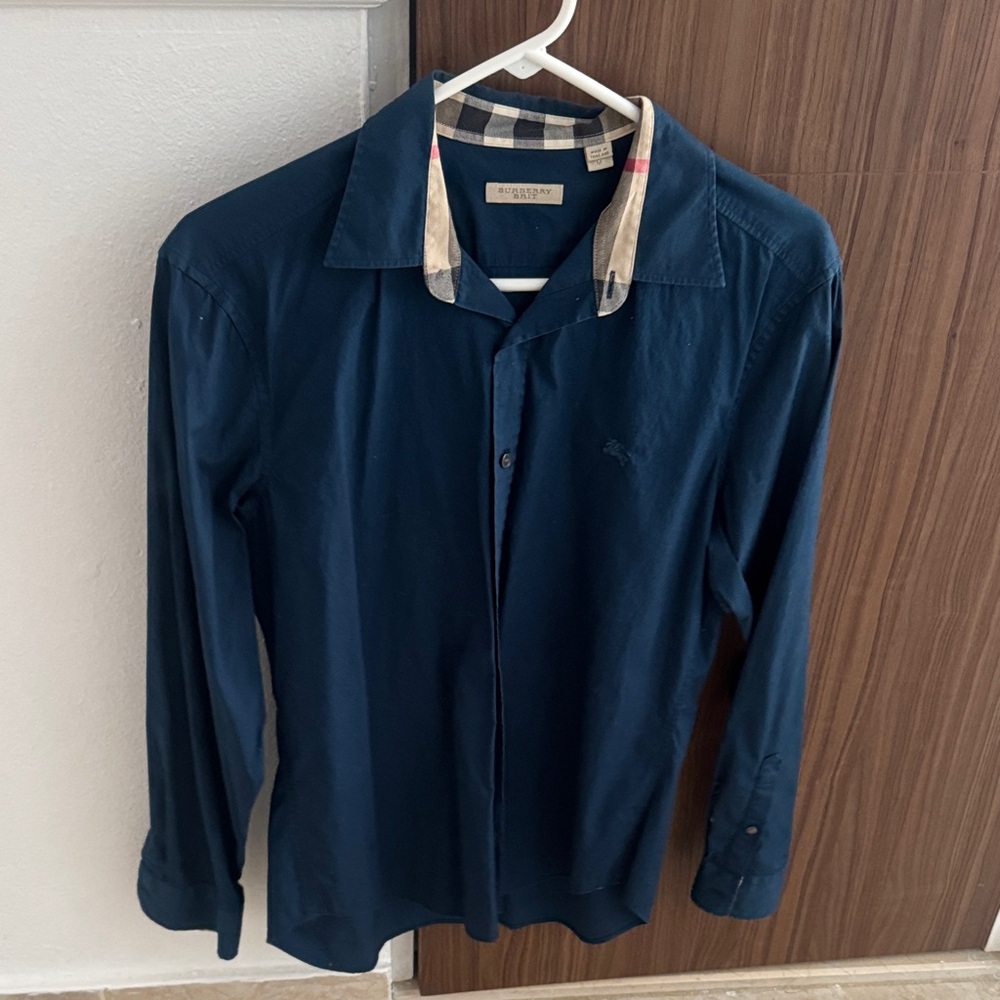 Burberry Navy Shirt Jacket with Check Collar